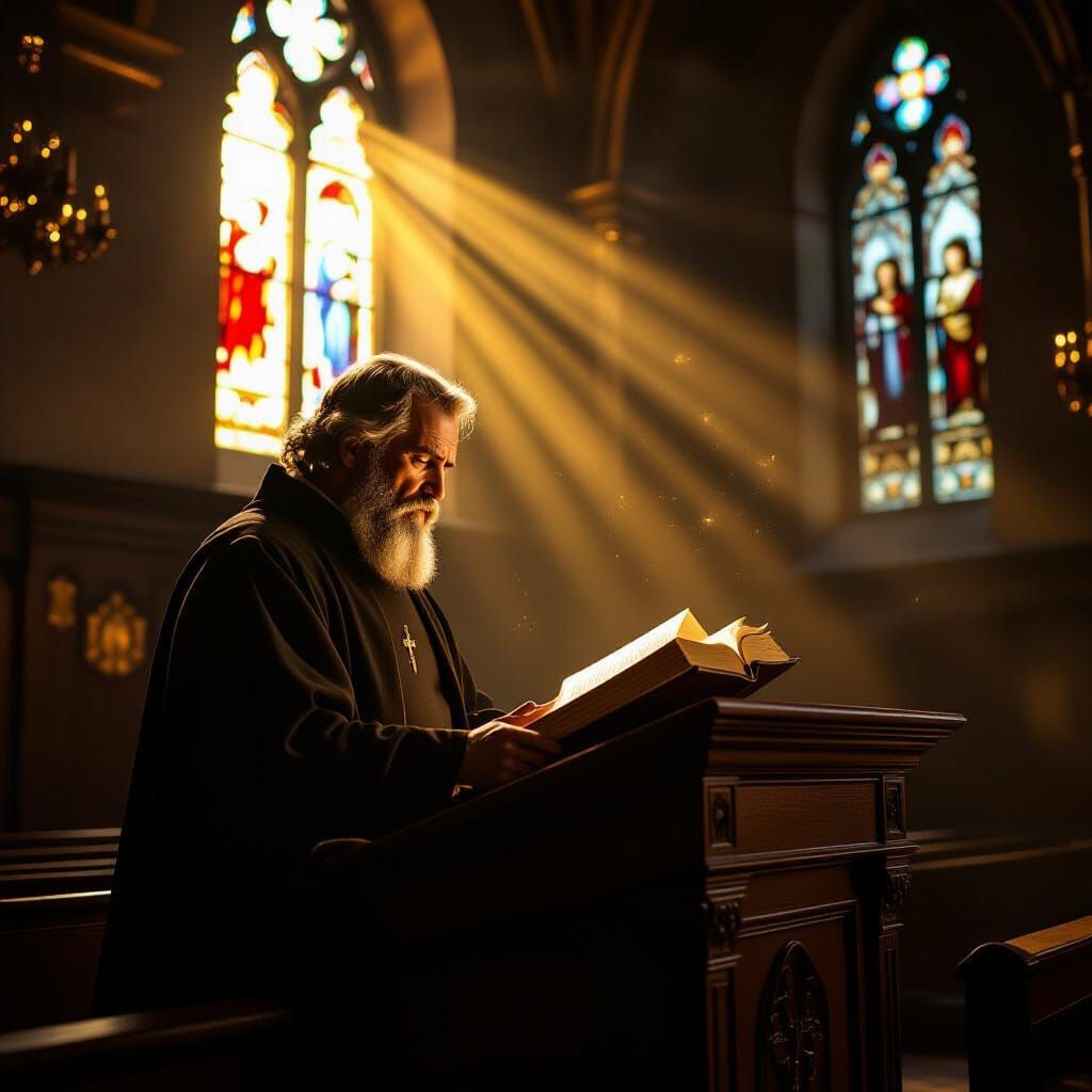 Stoic Preacher in Gothic Church with Dramatic Lighting