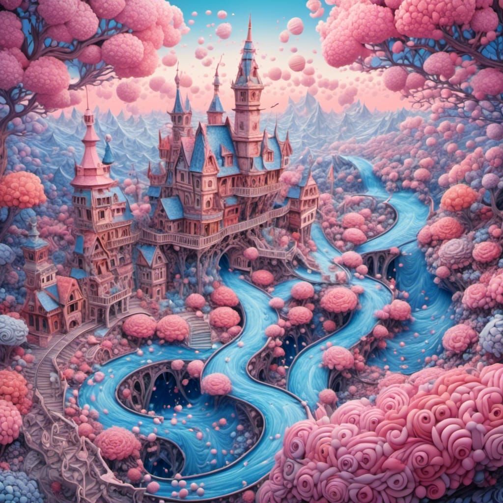 Candy Wonderland with Flying House in Pastel Colors