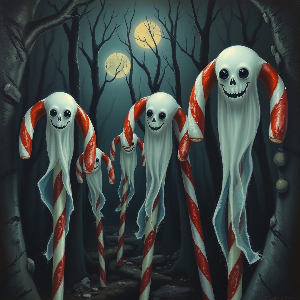 Haunted Candy Canes in Eerie Forest Moonlight