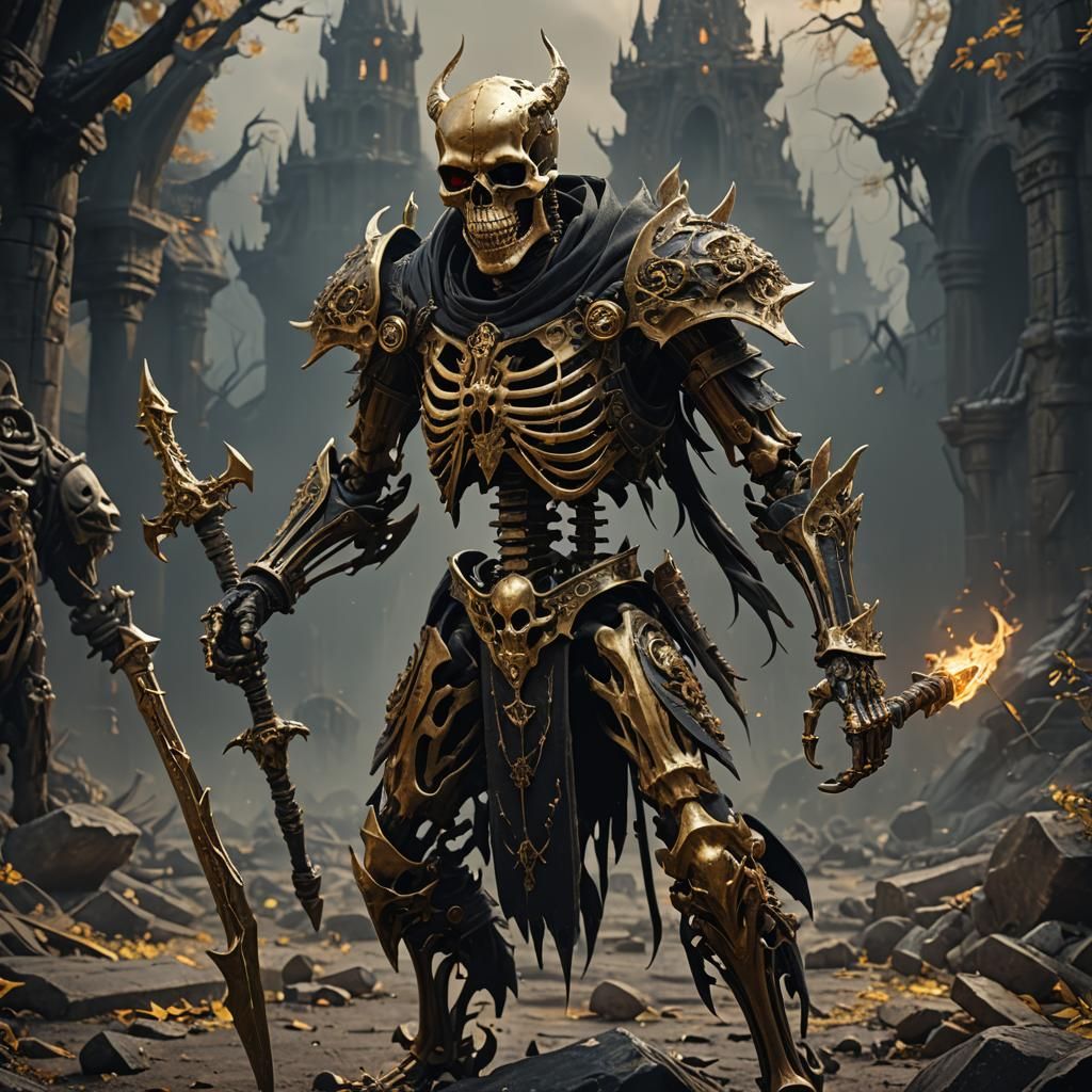 Demonic Skeleton Warrior in Black and Gold