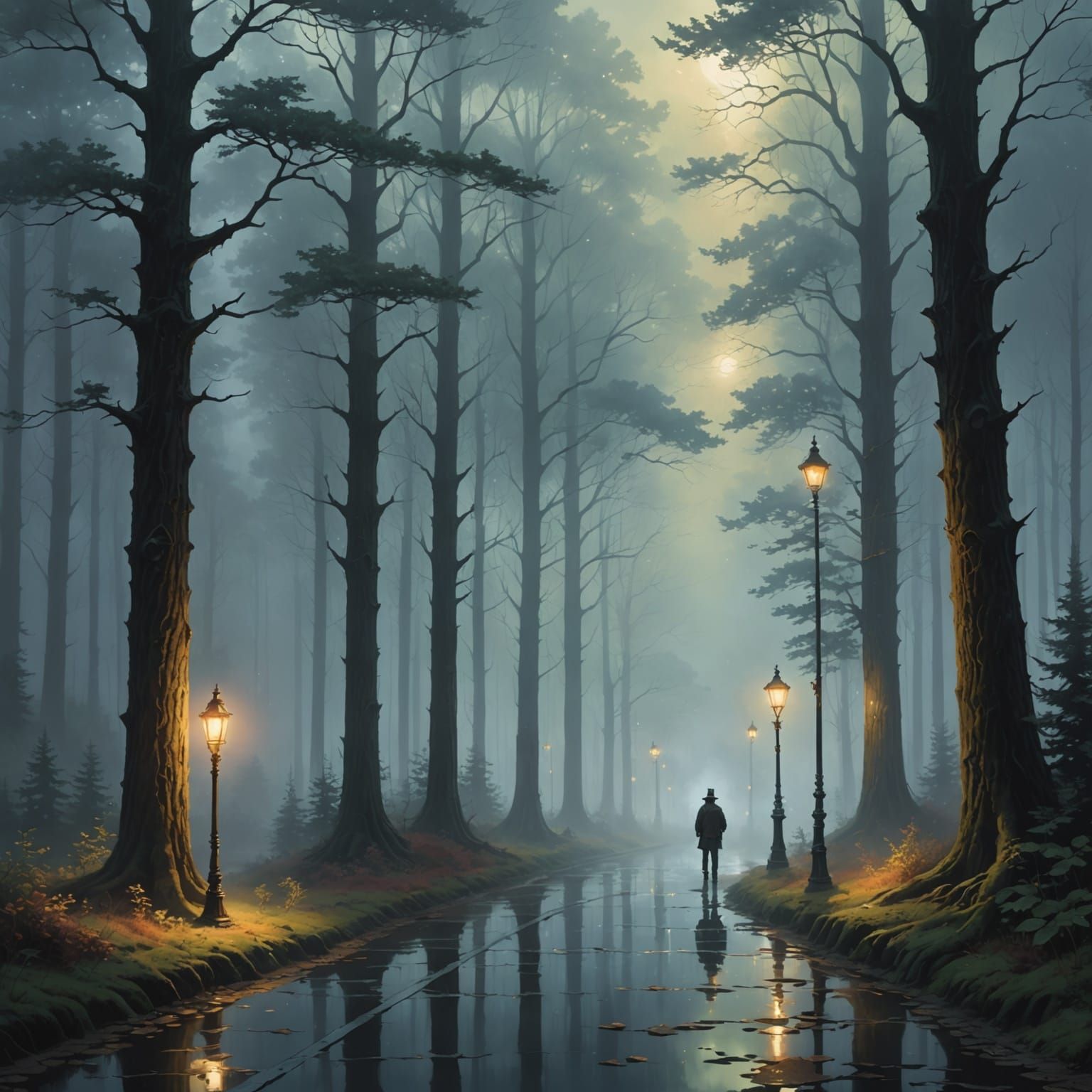 Ethereal Forest Scene at Dawn in Kinkade Style