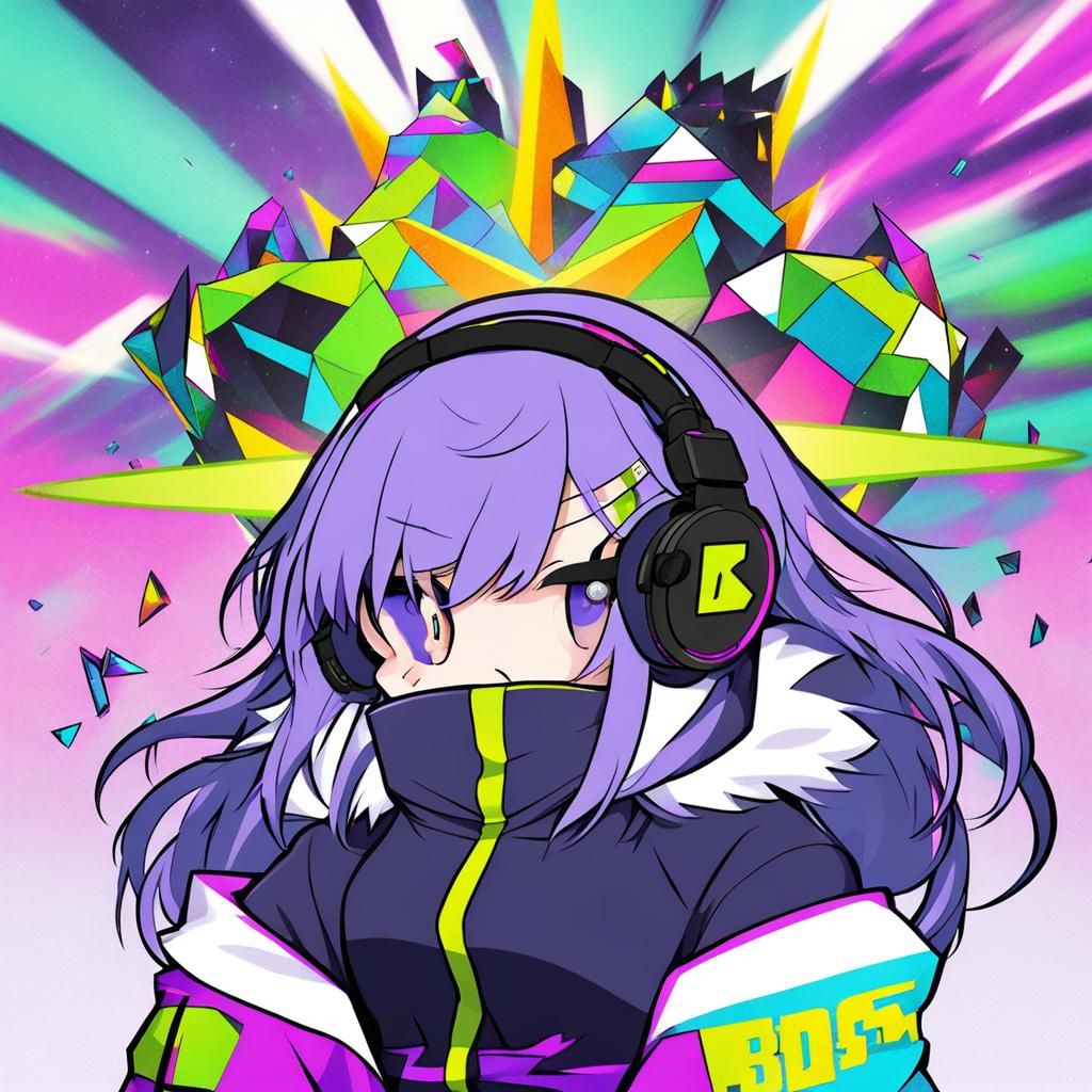 Cute Purple-Haired Girl with Headphones in Nature