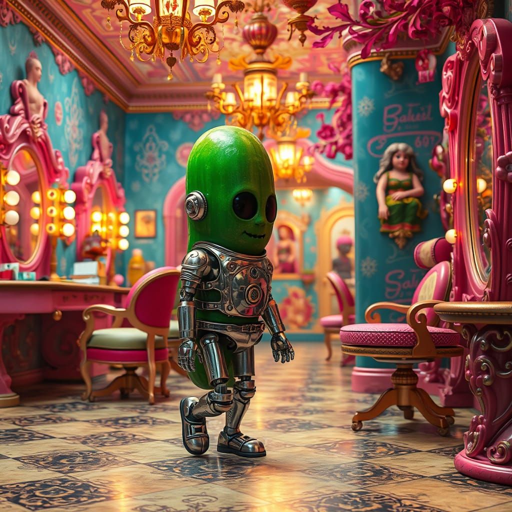 Robotic Pickle Person in a Surreal Beauty Parlor
