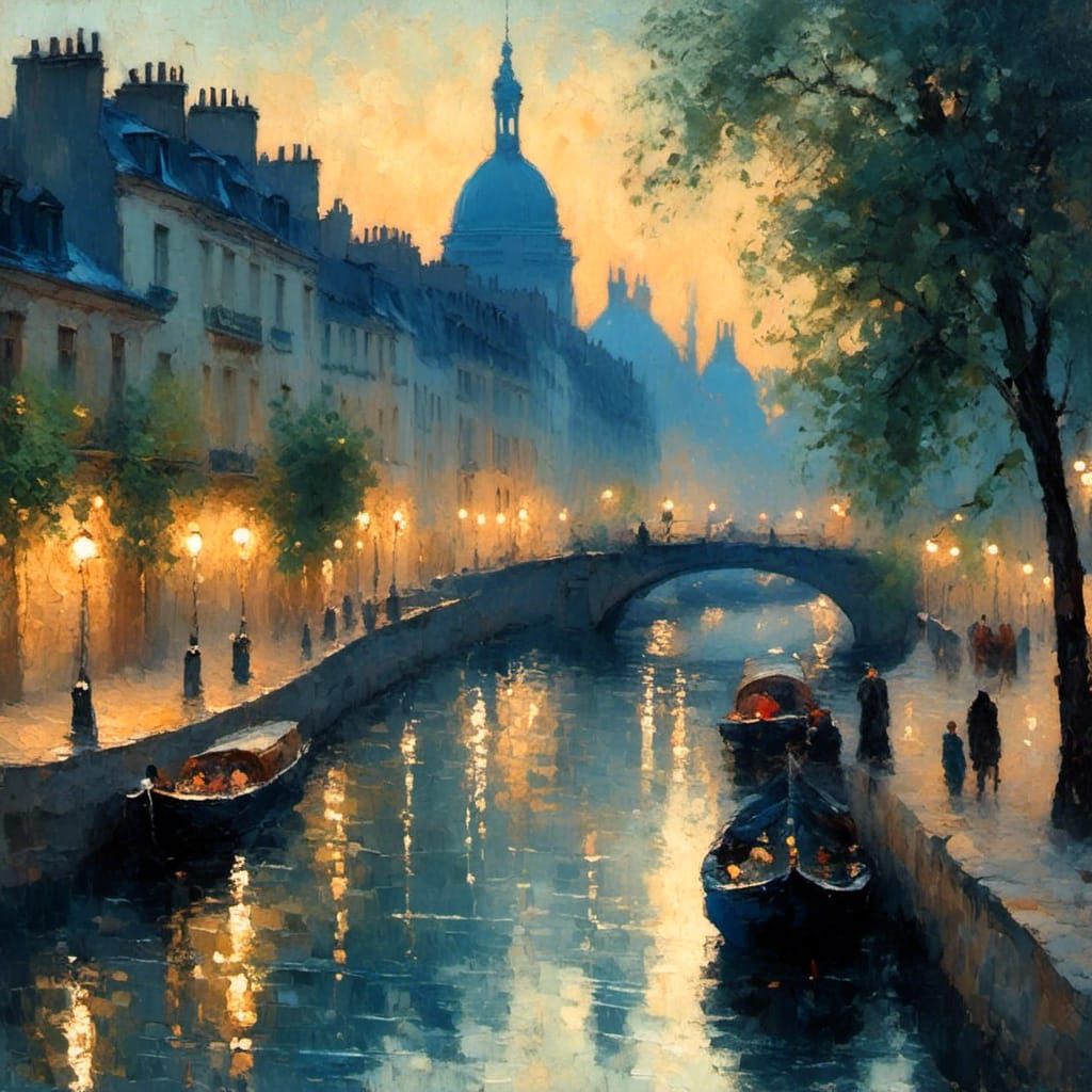 Parisian Serenade: Impressionistic Night Scene by the Seine
