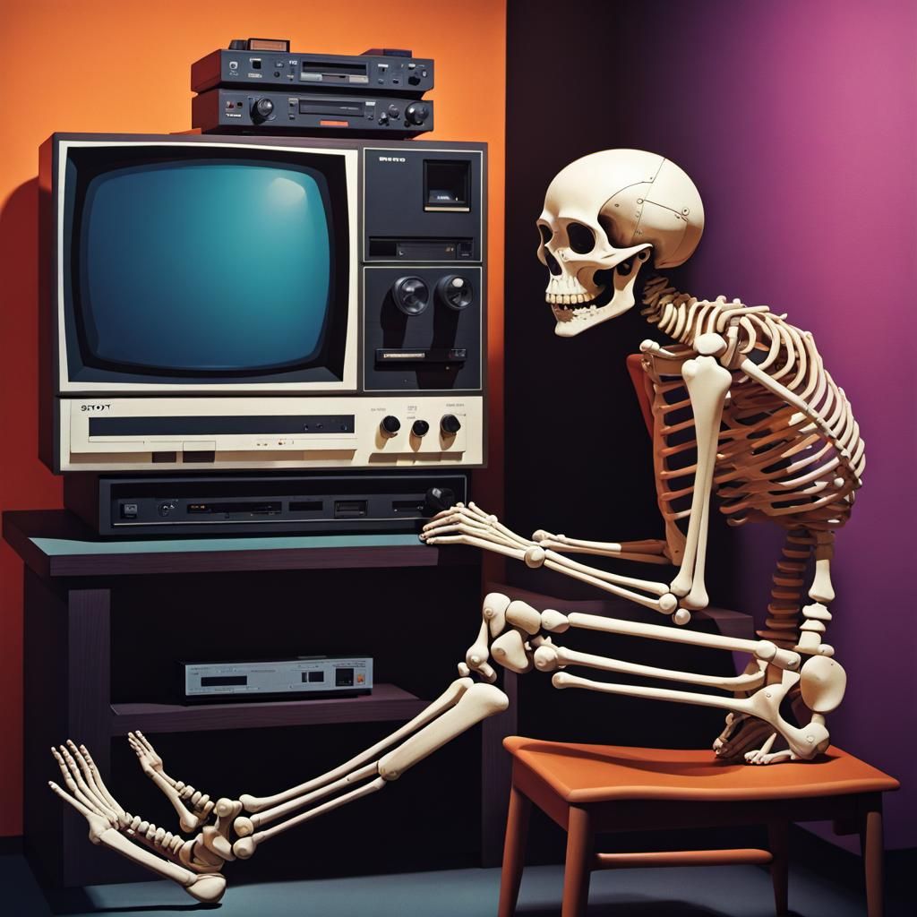 1970s Skeleton Watching Betamax in Pixel Art