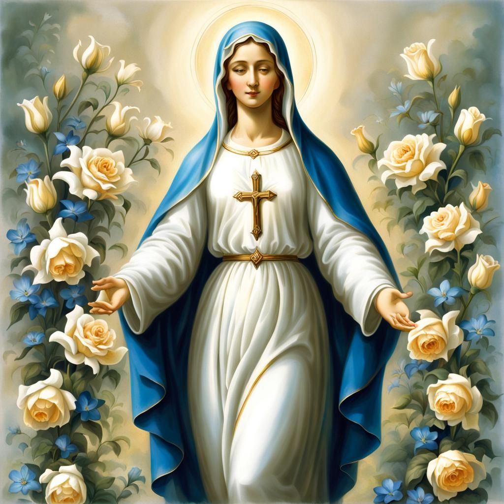 Virgin Mary with Open Arms, Roses and Lilies