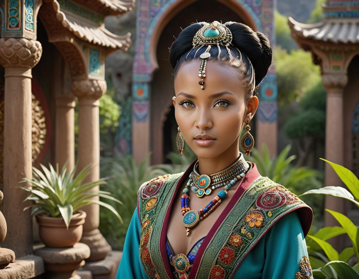 Ethiopian-Mongolian Woman in Gaudi-esque Temple Garden