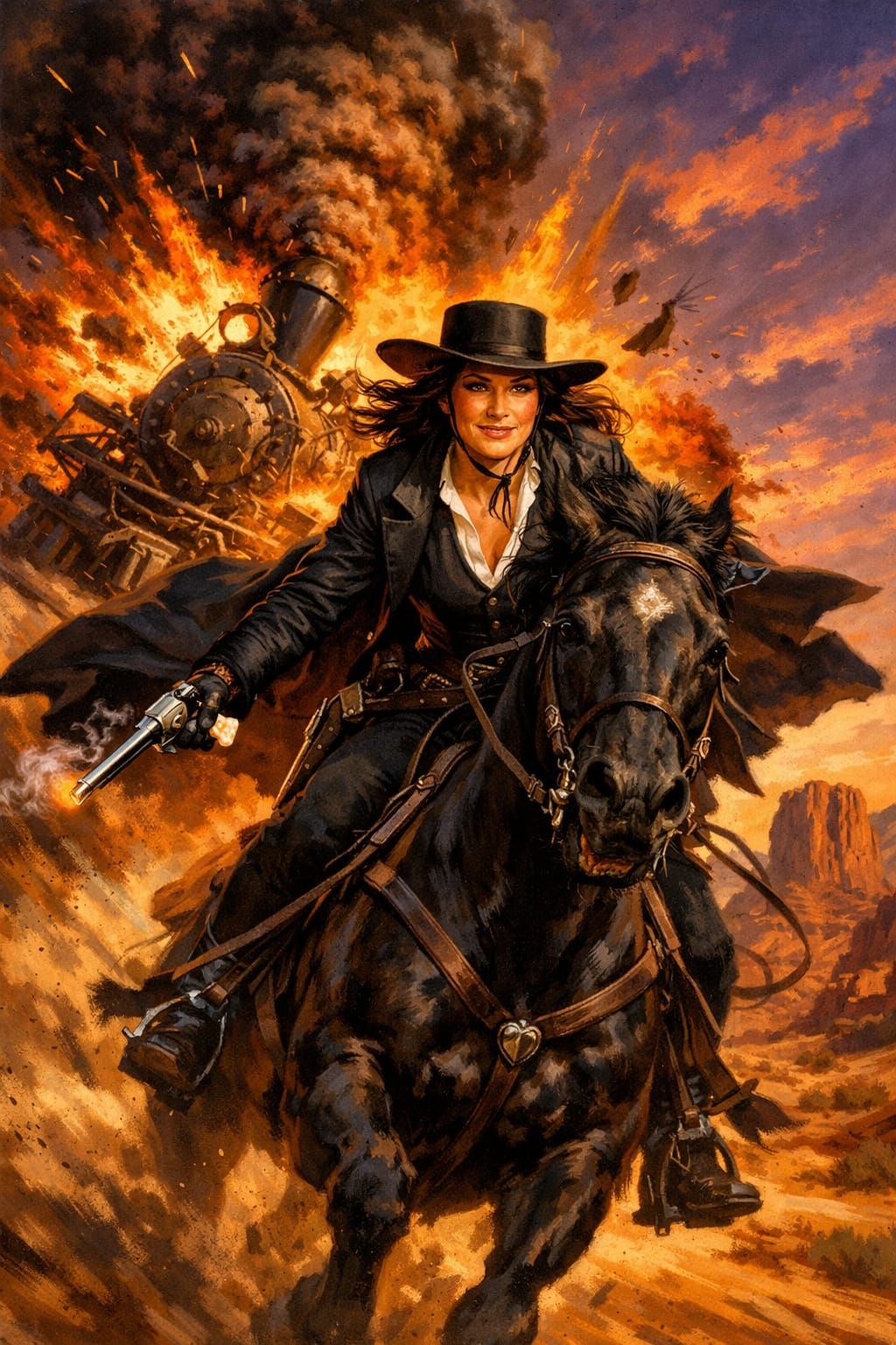 Cowgirl Escapes Explosion on Horseback at Sunset