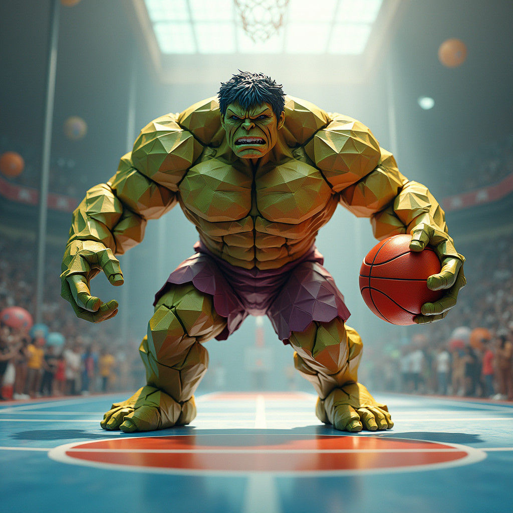 Origami Hulk on Basketball Court: Fantasy Concept Art