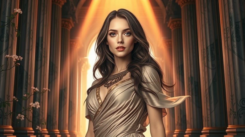 Greek Goddess in Temple, Pre-Raphaelite Style