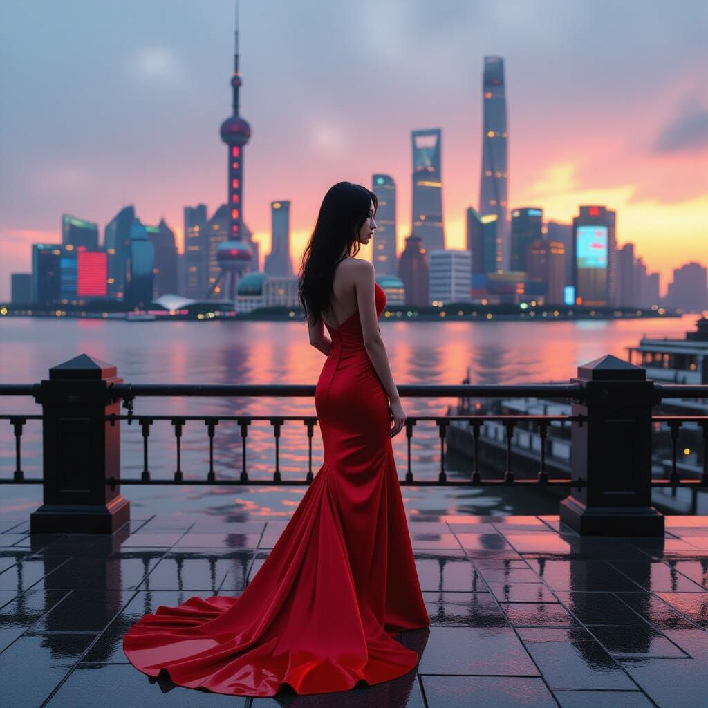 Shanghai Sunset: Cyberpunk Style Woman in Red Dress