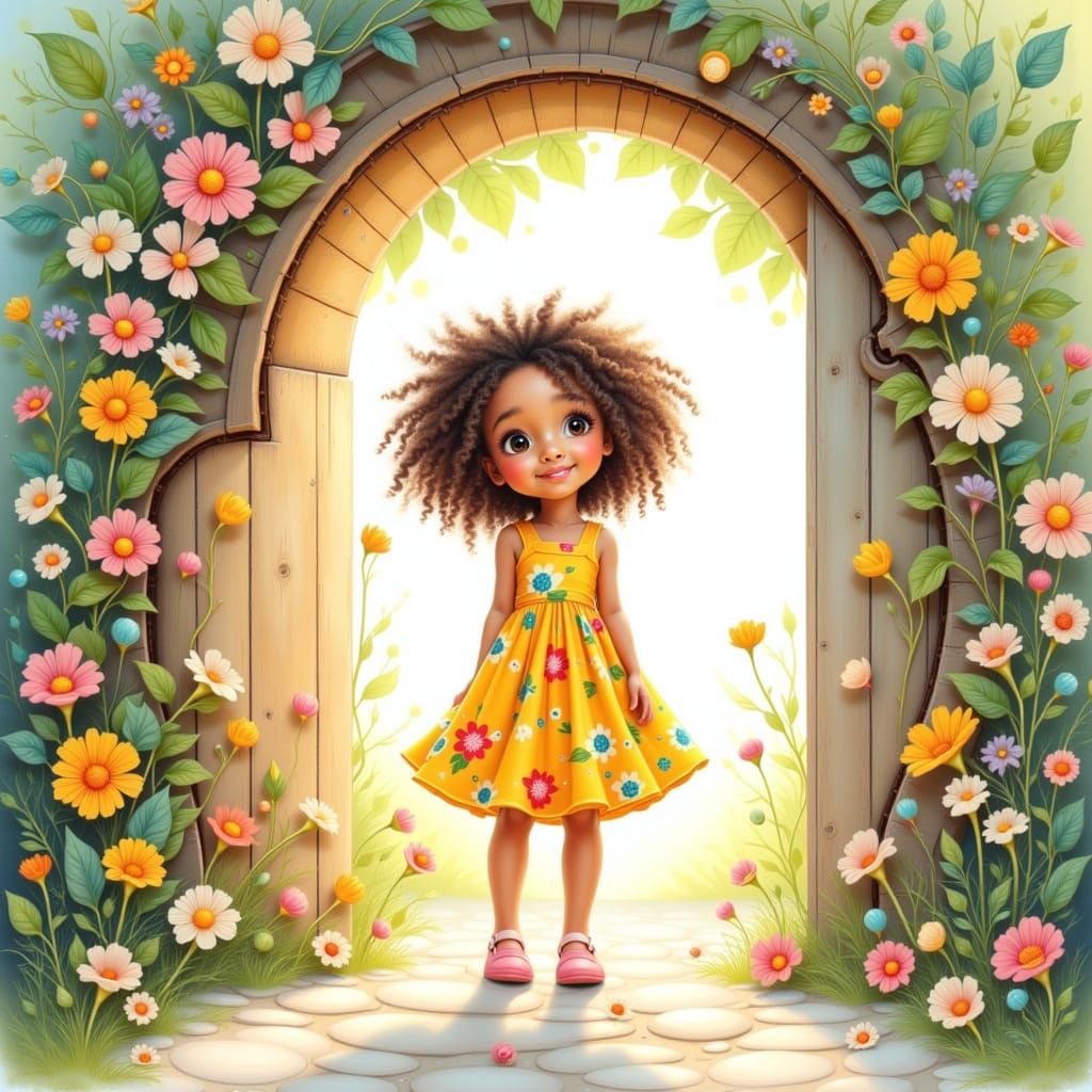 Whimsical Girl Before Doorway, Dreamlike Watercolor Illustra...