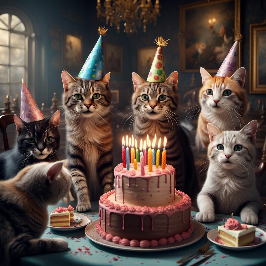 Cats Celebrate Birthday in Digital Painting