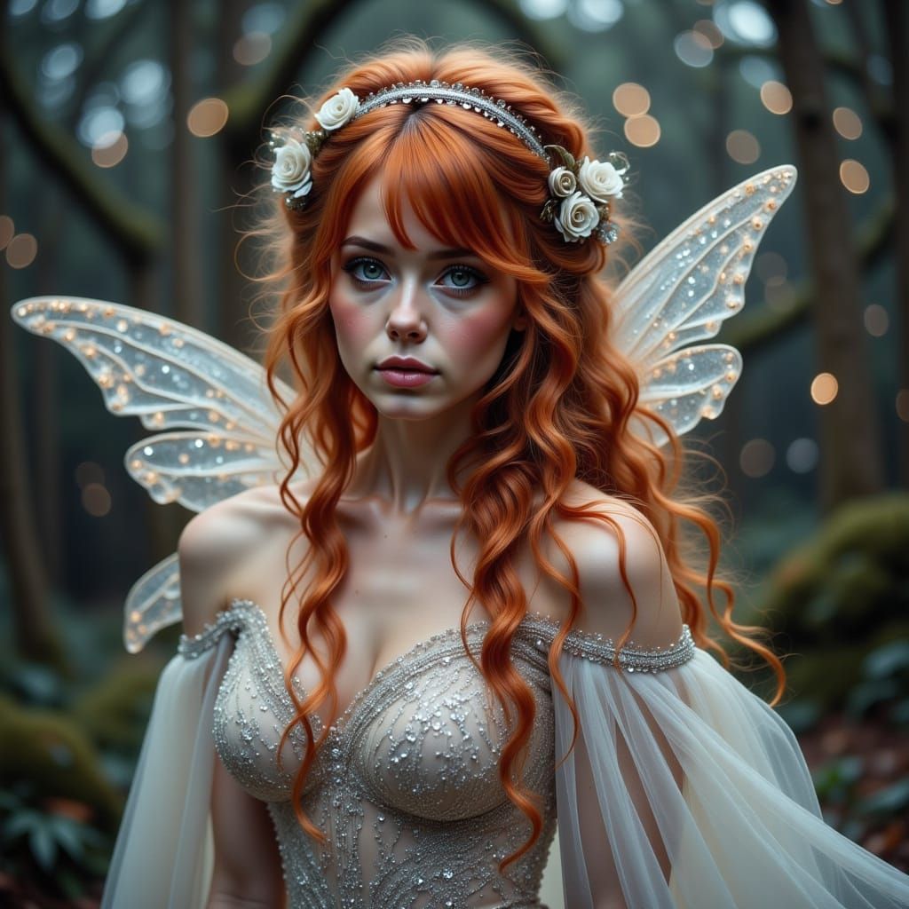 Fairy in Sequined White Dress with Red Hair