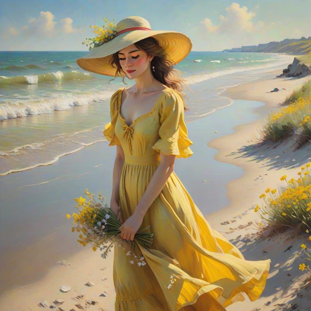 Woman with Flowers on Beach in Impressionist Style