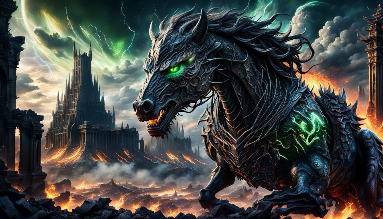 Epic Demon Rider on Horse-Wolf-Dragon in Fantasy World