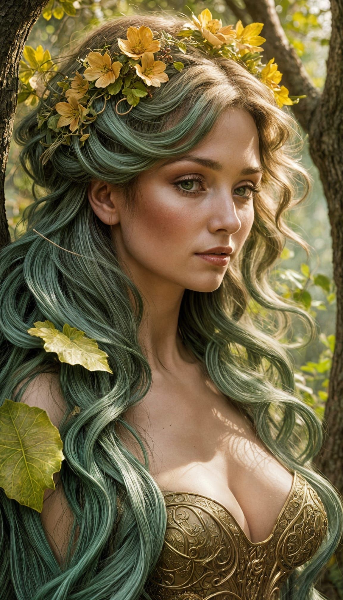 Dryad Emerges from Ancient Oak, Art Nouveau Style