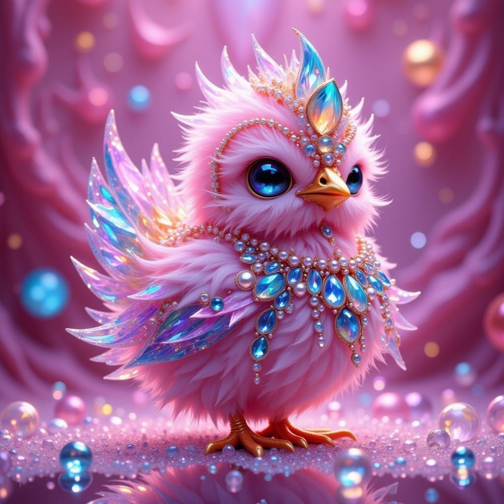 Adorable Fluffy Pink Chick with Gemstone Adornments
