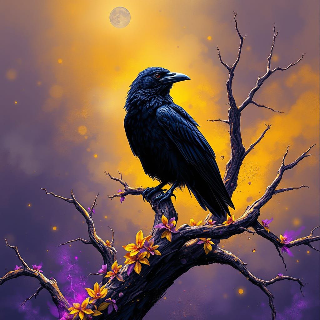 Raven on Dead Tree in Alcohol Ink Style