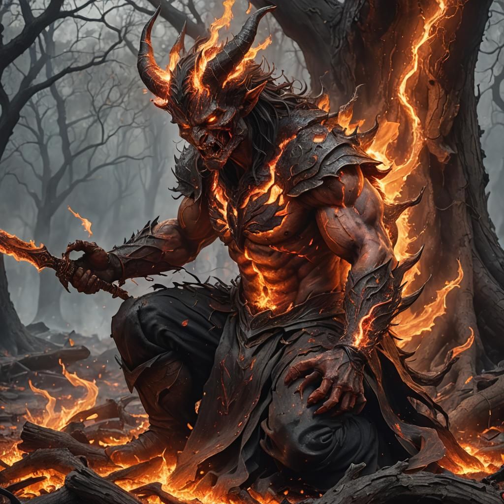demon god of fire disintegrating form kneeling holding sword...