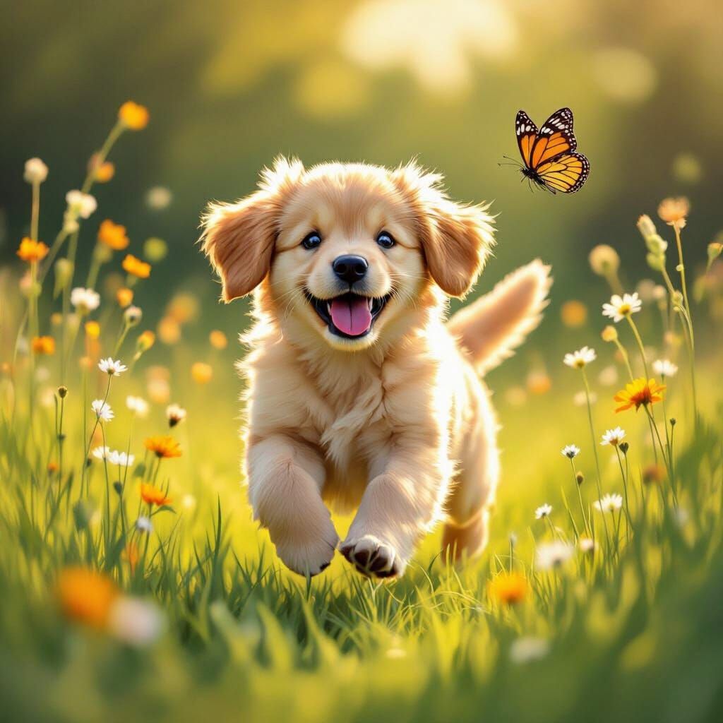 Fluffy Golden Retriever Puppy Chasing Butterfly in Meadow