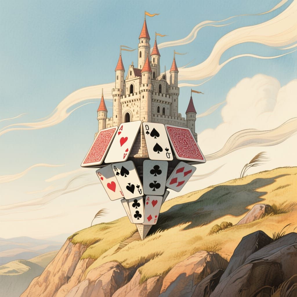 Card Castle on a Hill, Dreamlike Watercolor Art