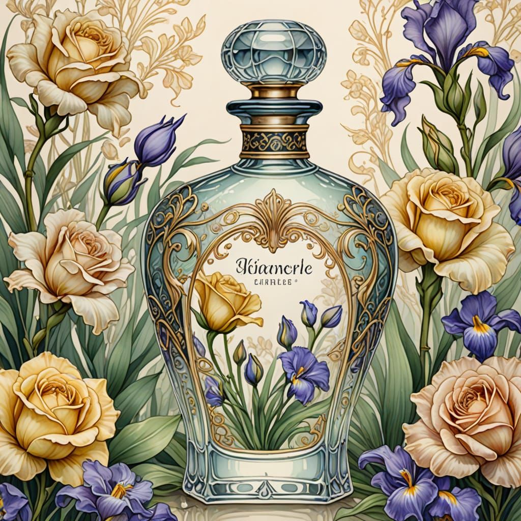 Elegant Art Nouveau Perfume Bottle Amidst Blooming Flowers