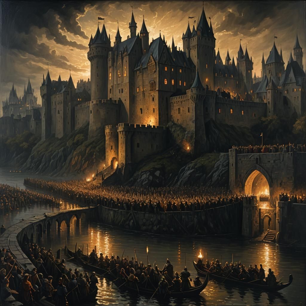 Dark Fantasy Castle Moat Oil Painting