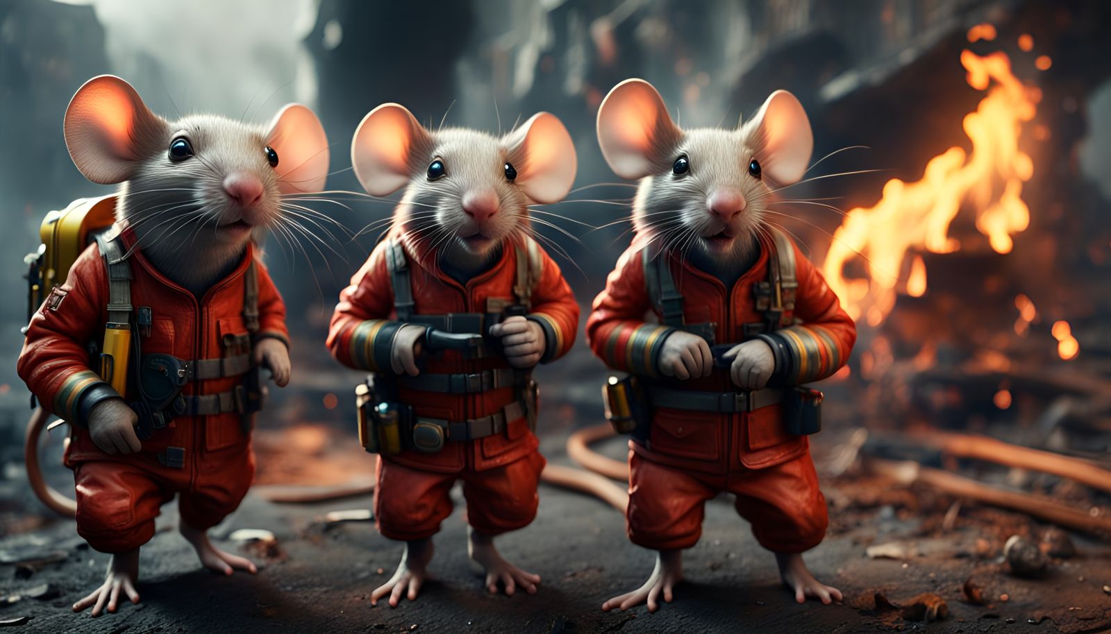 Hyperrealistic 3D Mice Firefighters in Graffiti Art