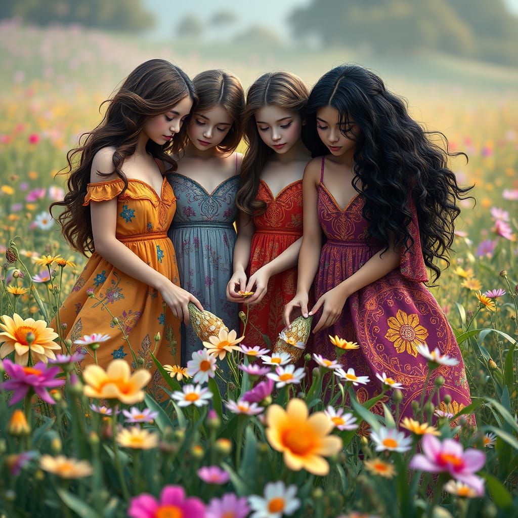 Sisters in Vibrant Sun Dresses Gather Fantastical Flowers in...