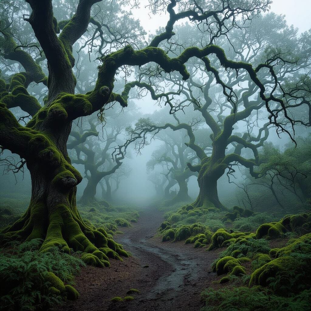 Misty Irish Wetlands with Ancient Gnarled Trees