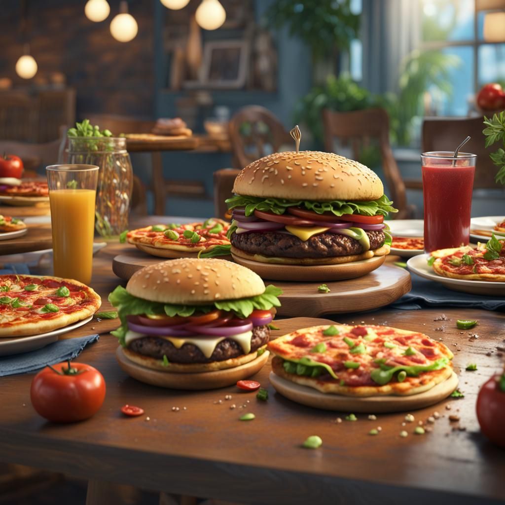 Hyperrealistic Hamburgers, Pizza, and Tacos Still Life