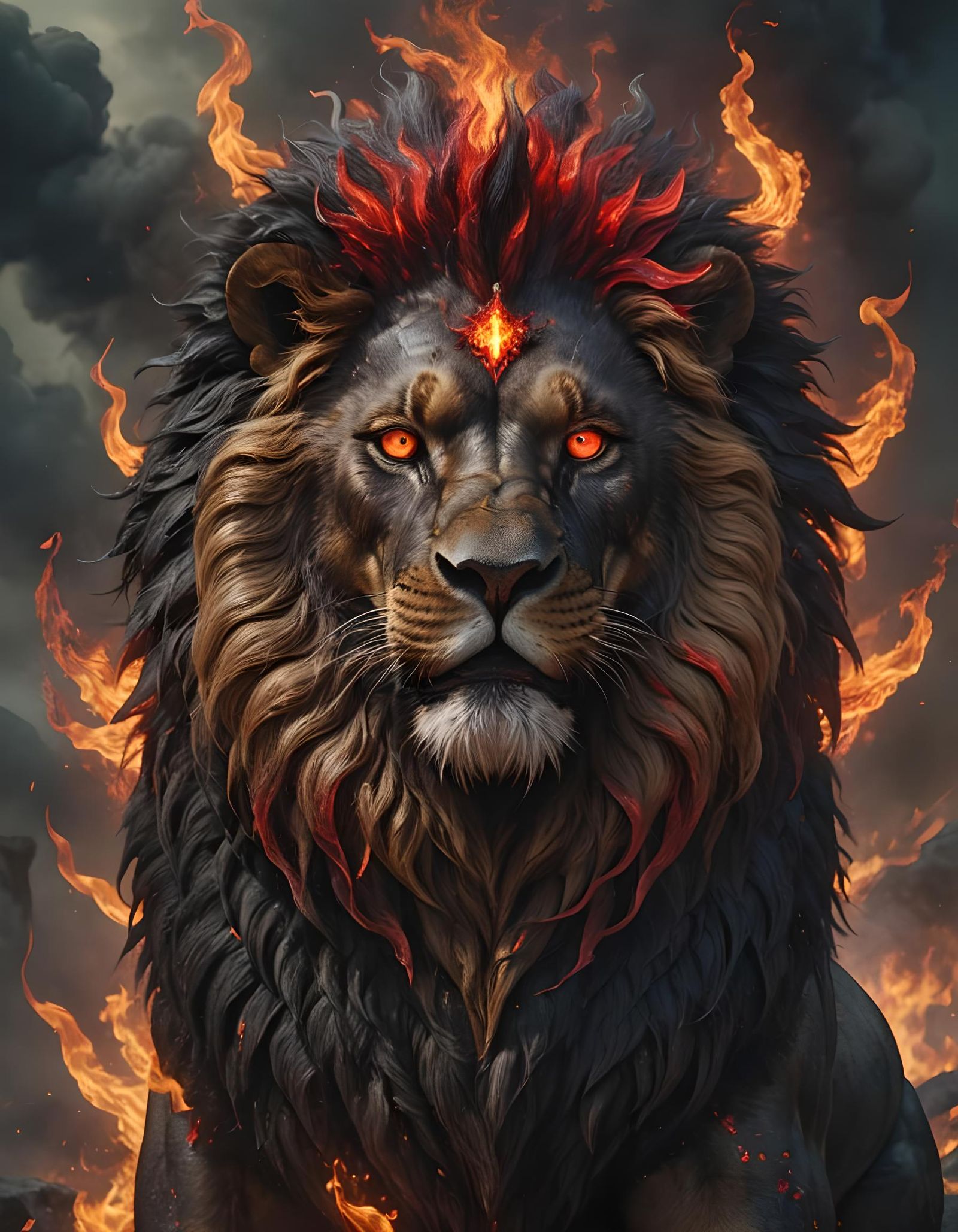 Anthropomorphic Lion Wreathed in Flame: Digital Matte Painti...