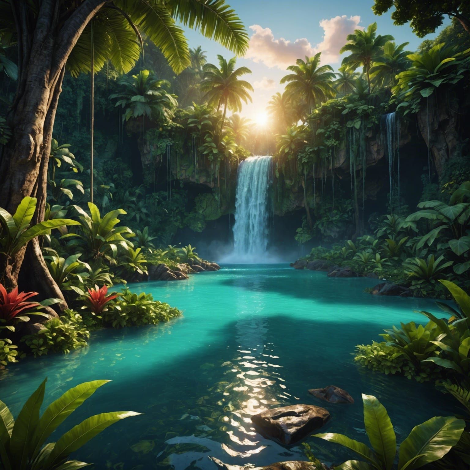 Lush Tropical Waterfall Lagoon at Sunset in Photorealistic S...