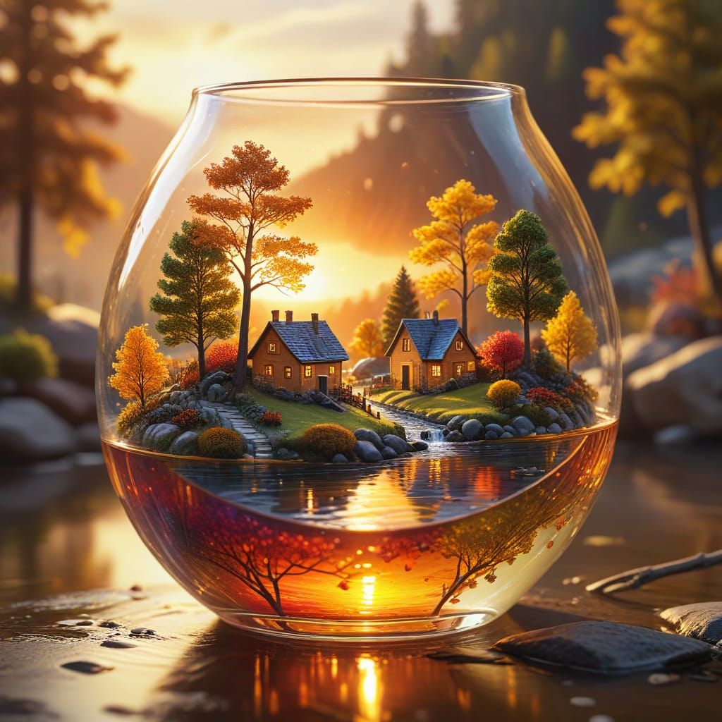 Mini Village Inside Vase: Vibrant Oil Painting