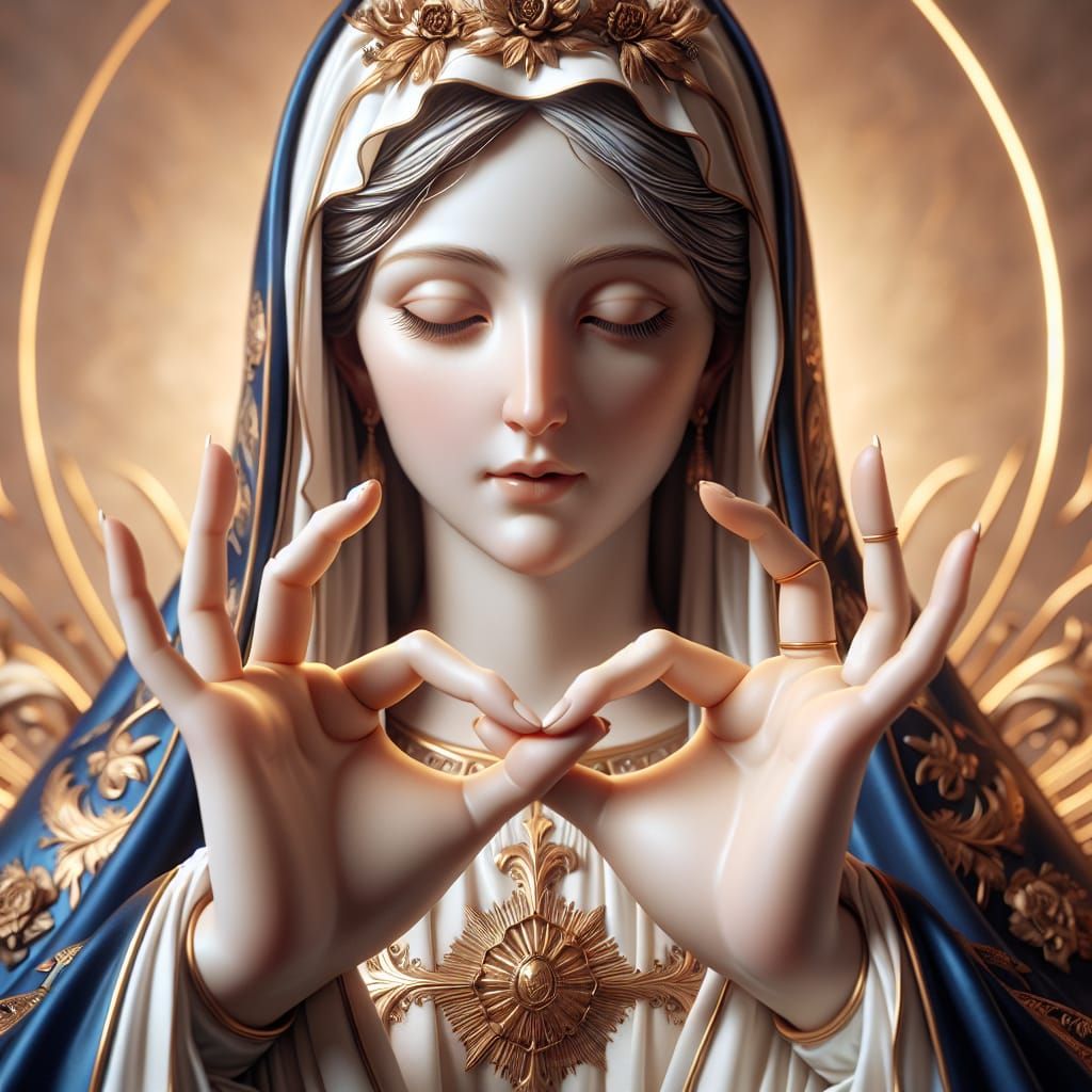 Virgin Mary Figure Forming Letters with Hands