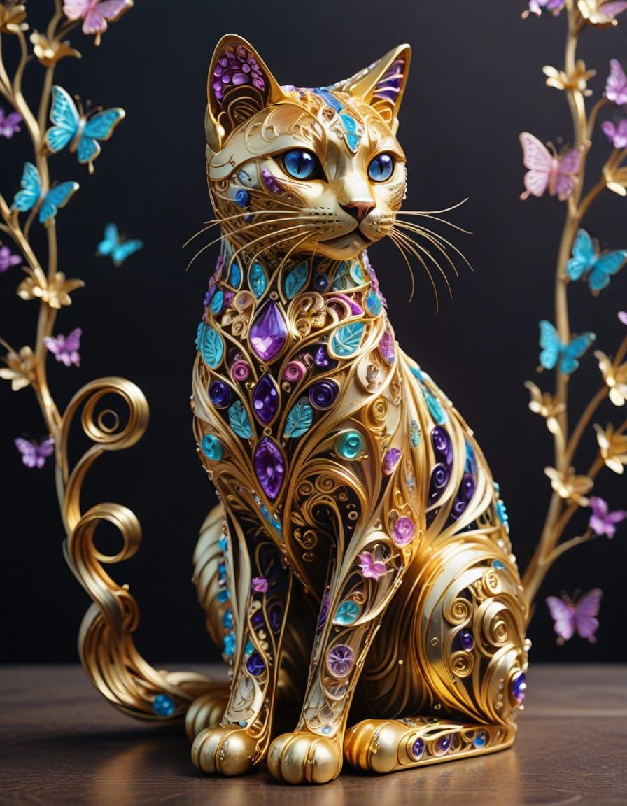 Elegant Golden Cat Statue with Gemstone Accents