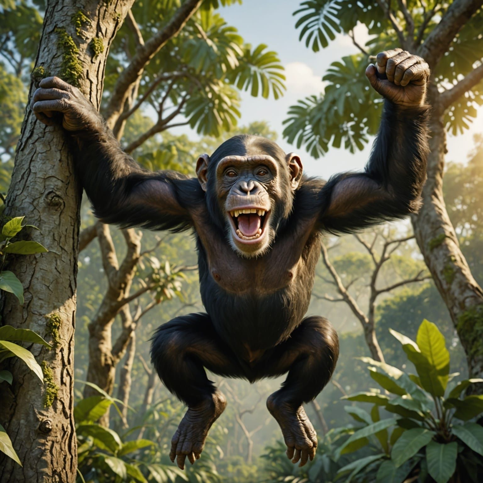 Smiling Chimpanzee Leaps Through Jungle Canopy