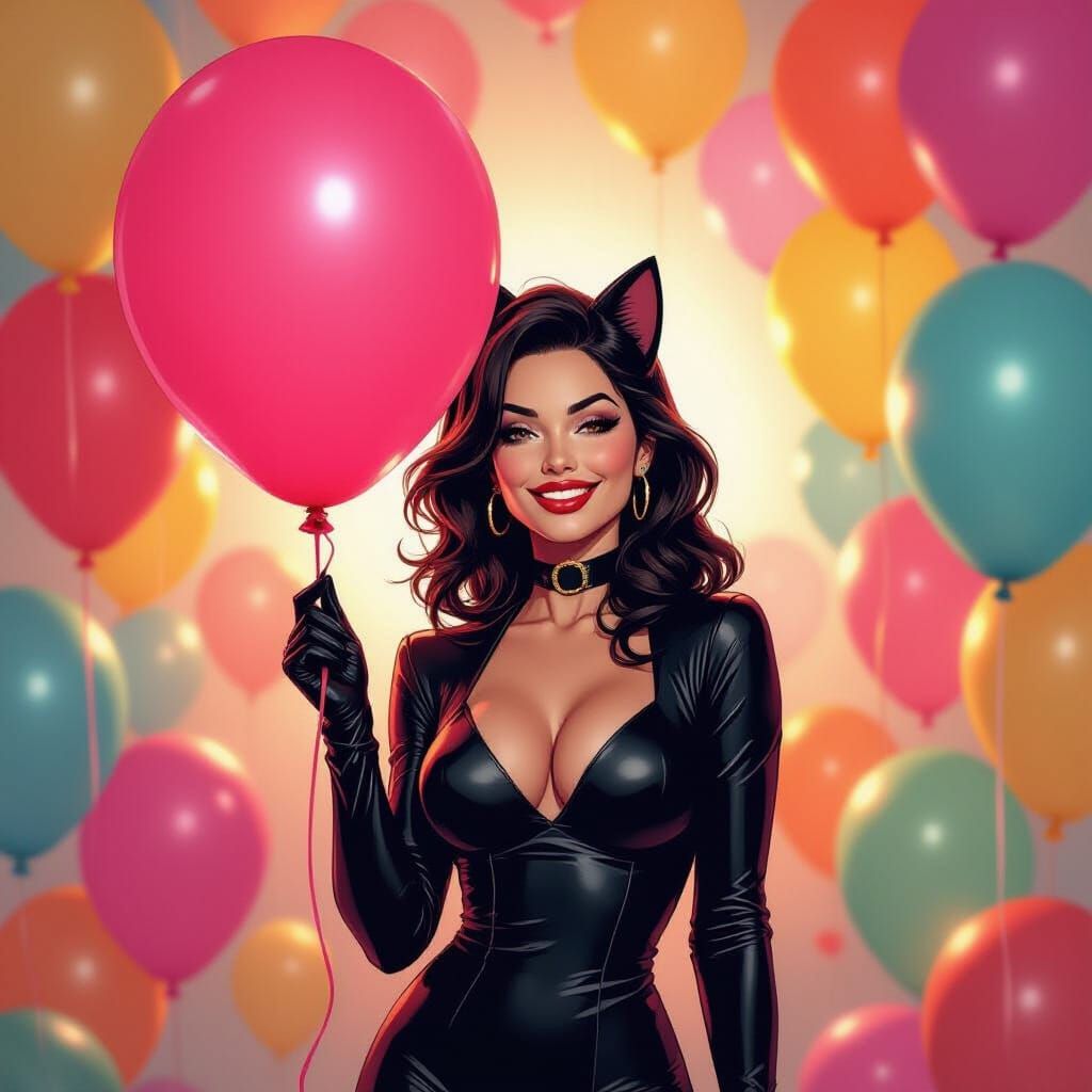 Catwoman Teases Giant Pink Balloon in Digital Painting