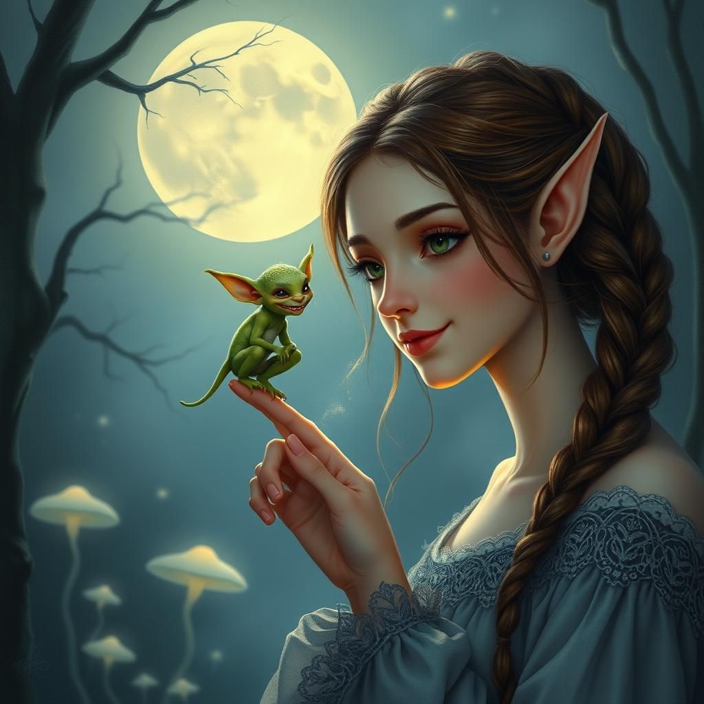 Goblin on Fingertip in Fantasy Realism Style