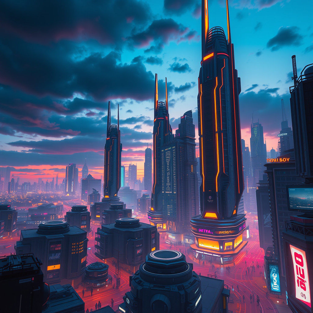 Futuristic Cityscape at Dusk in Cyberpunk Style