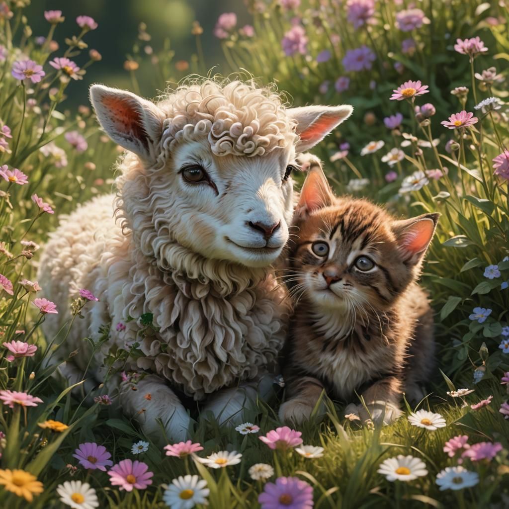 Kitten and Lamb Cuddle in Fantasy Landscape