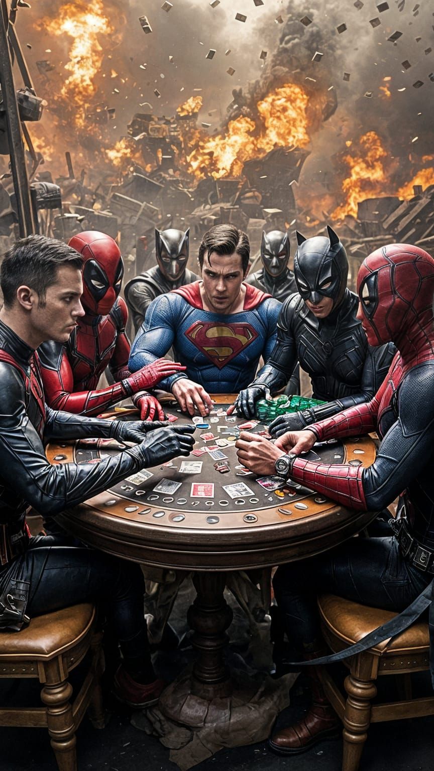 Superheroes Play Poker in Chaotic Battlefield, Photorealisti...