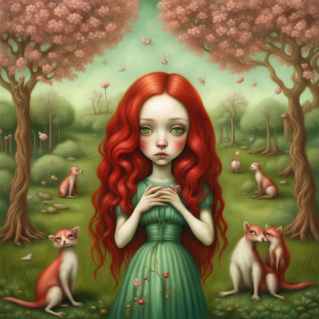 Woman Kissing Weasel in Psychedelic Garden Art