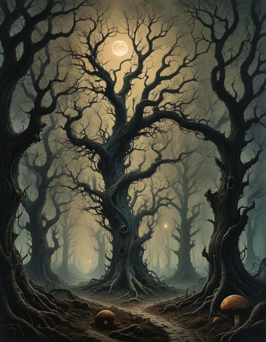 Mystical Forest Path Under Moonlight