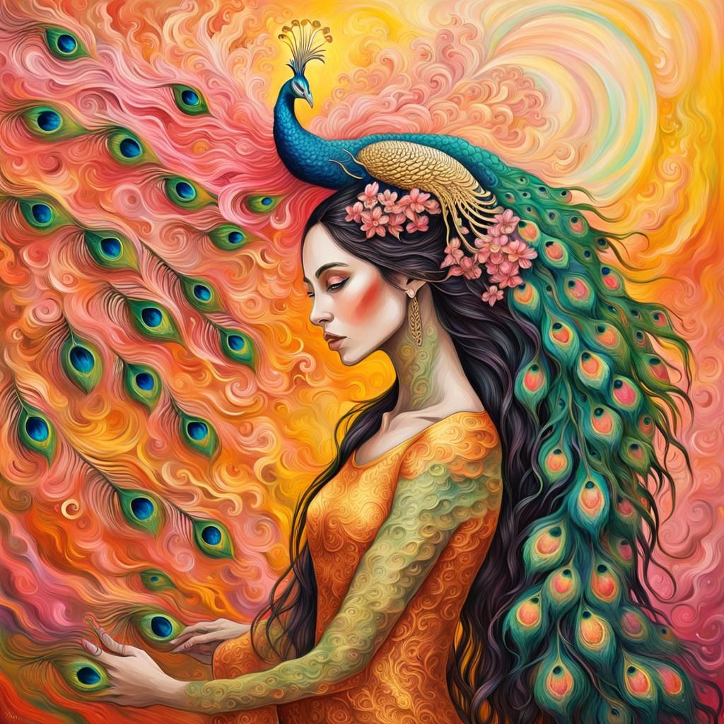 Dragon Peacock Woman in Abstract Expressionist Style
