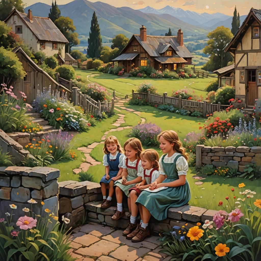 Girls Giggling in Cottage Garden, Oil Painting
