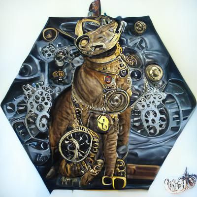 Steampunk Clockwork Cat in Detailed Oil Painting