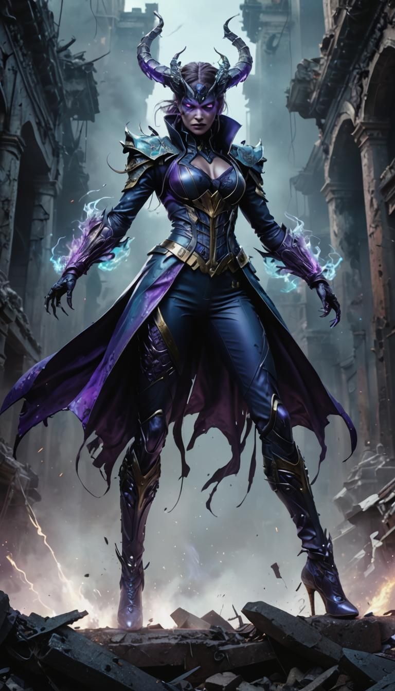 Photorealistic full body portrait of a female villain, menac...