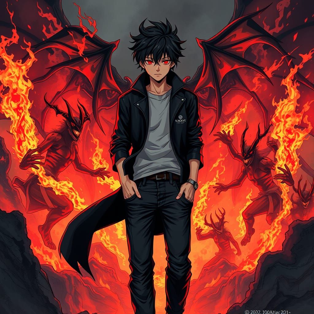 Dark Anime Boy Rises Amidst Fiery Inferno